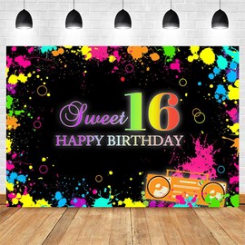 Avezano 7x5ft Sweet 16 Backdrop Neon 16th Birthday Banner Sweet 16 Glow in The Dark Party Decorations Graffiti Sweet Sixteen Party Photo Booth Decor
