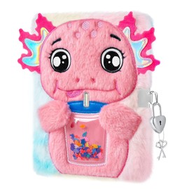 WERNNSAI Kids Plush Axolotl Diary for Girls - Kids Secret Diary with Lock and Key Girls Cute Journal School A5 Lined Notebooks for Writing Drawing Christmas Birthday Gift for Girl
