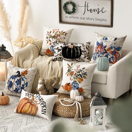 AVOIN colorlife Fall Pumpkin Chinoiserie Blue and White Porcelain Vase Pillow Covers, 20 x 20 Inch Seasonal Thanksgiving Harvest Grandmillennial Cushion Case Decoration for Sofa Couch Set of 4