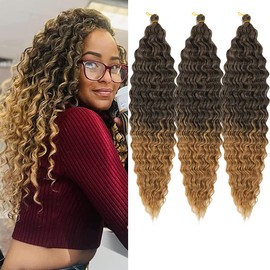 30 inch Ocean Wave Crochet Hair 1BTBlond Deep Wave Curly Braiding Hair Extensions 3 packs Long Wavy Water Wave Braid For Women Synthetic Crochet Braids(30 inch, 1BTBlond)