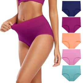 Molasus Women's Soft Cotton Underwear Briefs High Waisted Postpartum Panties Ladies Full Coverage Plus Size Underpants Pack of 5,Large