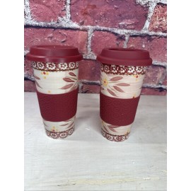 Temptations By Tara Set of Two Old World Red Tumblers With Lids Travel Mugs 16oz