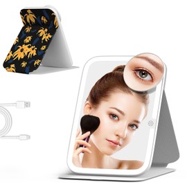 Mocado Travel Makeup Mirro with Lights, 360° Rotation Lighted Makeup Mirror, Portable Mirror with 10x Magnification, 60LEDs 3 Color Lightings, Dimmable Touch Screen, Tabletop Light up Mirror(Daisy)