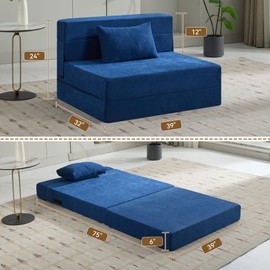 WUTUTUEE Folding Sofa Bed Convertible Floor Couch Foldable Chair Bed with Pillow, Linen Sleeper Chair Futon, Foldable Memory Foam Mattress for Bedroom/Living Room/Dorm/Office (Navy, Standard Twin)