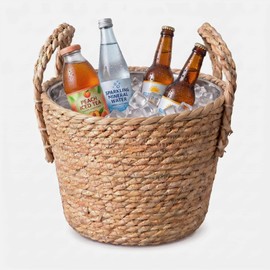 Vintage Natural Rattan Wicker Ice Bucket with Removable Stainless Steel Insulated Liner, Metal Bucket for Drinks with Rope Handle - Portable Decorative Wine Bucket for Party, Bar, Outdoor Picnic & BBQ