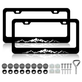 LIN KANG 2PCS Mountains License Plate Frames Funny Black and White Mountain License Plate Holder Stainless Steel Auto Parts Rust-Proof Waterproof Car Decorative Tag Frames for Standard US 12x6 Inch