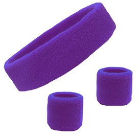 Sweatband Set Cotton Sports Headband Terry Cloth Wristband Moisture Wicking Sweat Absorbing Head Band Athletic Exercise Basketball Wrist Sweatbands and Headbands by Kenz Laurenz (Purple)