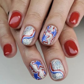 4th of July Nails - Fourth of July Nails Short Square Press On Nails Red Fake Nails with Blue Stars and Glitter Design, Acrylic Artificial False Nails Press Ons Stick On Nails for Women