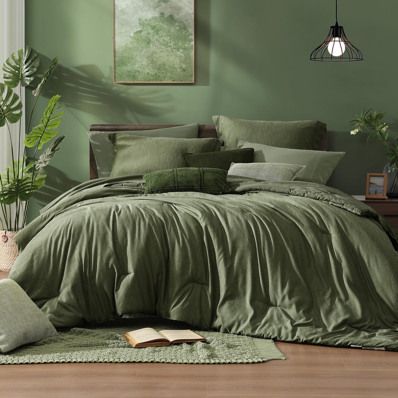 Monbix Queen Comforter Set - 7 Pieces Cationic Dyeing Olive