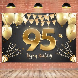 HAMIGAR 6x4ft Happy 95th Birthday Banner Backdrop - 95 Years Old Birthday Decorations Party Supplies for Women Men - Black Gold