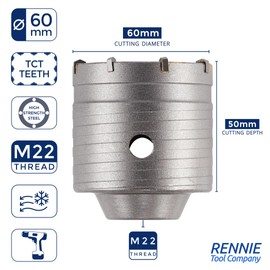 Rennie Tool Company 60mm Carbide Tipped Core Drill Bit for Brick, Concrete, Cement Stone Wall, Aerated Block, Iron, Copper, and Wood- TCT Circular Hole Saw Core Drill Hole Cutter wood hole saw sets