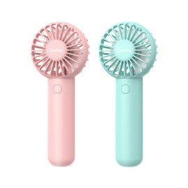 Coohea 2-Pack Pink & Blue Handheld Fan, Small Cute Design, 3 Powerful Speeds, Operated by USB/Rechargeable Battery, Personal Portable Fan with Base & Lanyard, for Eyelash Makeup Travel Beach Office