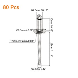 sourcing map 80Pcs 3/16"x3/8" 304 Stainless Steel Dome-Head Blind Rivets, Open-End Type Blind Rivets for DIY, Sheet Metal, Automotive Repairs, Furniture, Boat, and Duct Work (Silver)
