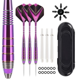 ZLFCypheria 3 Piece Darts with Metal Tip, Professional Steel Darts with Metal Tip, Steel Darts Set, with 3 Flights, 3 Aluminium Shaft, 12 Anti-Loose Rubber Rings, 1 Dart Case (Purple Phantom)