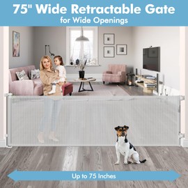 75" Wide Retractable Baby Gate for Wide Openings, Retractable Gate Indoor Retractable Mesh Gate Long Dog Gate, Outdoor Deck Gate Porch Gate, Large Baby Gate Retractable Pet Gates for Dogs, Light Gray