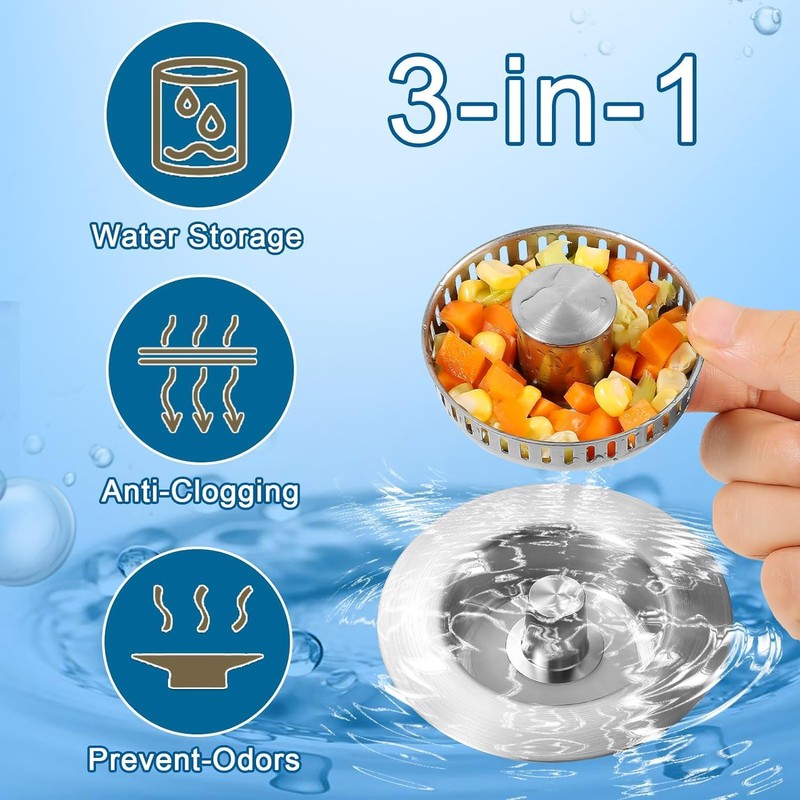 3 in 1 Kitchen Sink Drain Strainer and Stopper, 304