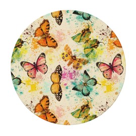 Famame Vintage Butterflies Yellow Green Fitted Round Tablecloth Waterproof Table Cloth with Elastic Edge Wipe Clean Table Cover for Indoor Outdoor Fits 45"-50", Medium