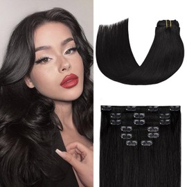 Jet Black Clip in Hair Extensions Real Human Hair 70G Jet Black 100% Remy Human Hair Extensions Silky Straight 7pcs 16clips for Women(15 Inch #1)