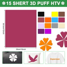 15PCS 3D Puff Vinyl Heat Transfer, Super Sticky Puff HTV Vinyl Sheets Puff Print Vinyl for Bag T-Shirt Fabric DIY Craft (15 Colors)