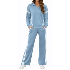 SHESHOW Sweat Suits for Womens 2 Piece Outfits Matching Tracksuit Wide Leg Sweatpant 2-Stripes Lounge Set Women Haze Blue XL