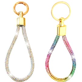 Rainbow Rhinestone and Silver Keychain Sparkle, Bling Glitter Crystal Lanyard Key Chain, 2 PCS, Wristlet Bangle Key Ring Holder for Women Girls Bag Purse Backpack Tote, Rainbow Silver, One Size