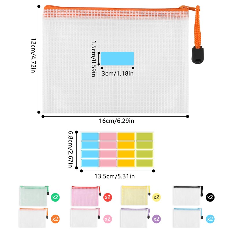 Pack of 16 A6 Coloured Net Document Bags, PVC Plastic