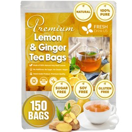 Premium 150 Lemon Ginger Tea Bags, 100% Natural Ingredients, Hand-made Blend of Lemon and Ginger Flowers, Eco-conscious Tea Bags. Lemon Ginger Herbal Tea. No Sugar, No Caffeine, No Gluten, Vegan.