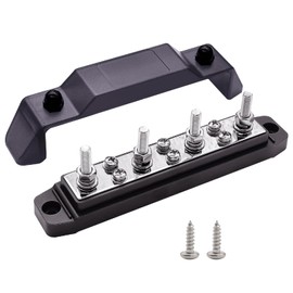 Ampper Ground Distribution Block Bus Bar, 4 x 1/4" (M6) Studs, 6 x #8 (M4) Terminal Screws, 6.3" 12V 150A Battery BusBar with Cover for Auto, Boat and Solar (Black)