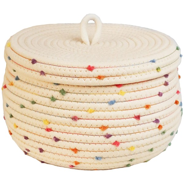Cotton Rope Storage Basket with Lid, Cream Woven Basket, Kids Toy Storage Organiser Nursery Decoration, 25 x 16 cm