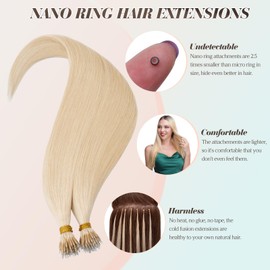 Benehair Nano Ring Hair Extensions Real Human Invisible Remy Straight #60 Platinum Blonde Nano Hair Extensions 50 Strands 18 Inches (35g)
