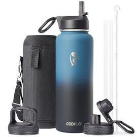 Water Bottle 40 oz Insulated with Straw, Coolflask Stainless Steel Metal 3 Lids Water Flask for Sports or Office, Keep Cold 48H Hot 24H, Samurai Cyan