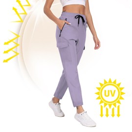 Womens Cargo Hiking Pants 4 Pockets Waterproof Quick Dry Sweatpants Elastic Waist Drawstring Lightweight UPF 50+ Casual Work Travel Golf Lounge Purple M