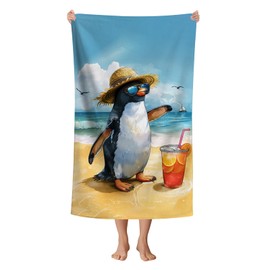 WZOMT Microfiber Penguin Beach Towel, Cute Penguin with Sunglasses Summer Beach Print Towels for Kids Boys Girls, Funny Quick Dry Absorbent Bath Towel for Swim/Surf, Oversized 32x52 Inch