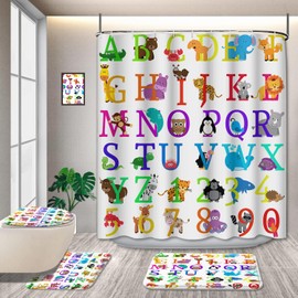 GRIEKOWE Cartoon Animal Alphabet Shower Curtain Sets, 4 Pcs Kids Educational Graphic ABC Learning Shower Curtain for Bath Curtain Set with Rugs,Cartoon Fun Facts Geography, with 12 Hooks(72X72in)