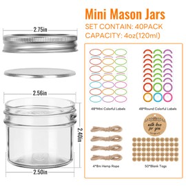 TOEKSIX Clear Mini Mason Jars 4 oz 40 Pack, 4 oz Regular Mouth Small Mason Jar with Lids and Seal Bands, Small Glass Canning Jar for Spice, Jam, Honey, Jelly, Dessert, DIY Candles Decor