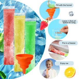 FEBSNOW 100 Ice Lolly Bags Disposable Ice Popsicle Mold Bags, Freezer Tubes Ice Cream Mold Easy to Fill for Snacks Yogurt Juice Fruit Ice Candy Pops Comes with Funnel (1.78 x 8.67 Inch)
