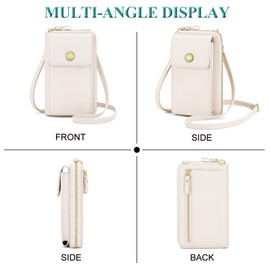 Peacocktion White Small Crossbody Bags for Women, RFID Leather Cell Phone Wallet, Trendy Crossbody Purses with Zipper