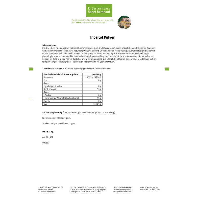 Sanct Bernhard Inositol Powder, Pure Inositol Derived from Plant Sources,