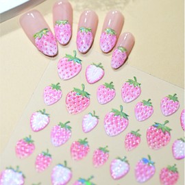 1 Sheets Embossed Fruit Nail Stickers for Nail Art Self-Adhesive 5D Pink Strawberry Nail Art Stickers Cute Strawberry Nail Decals Summer Nail Design for Women DIY Nails Decoration Supplies