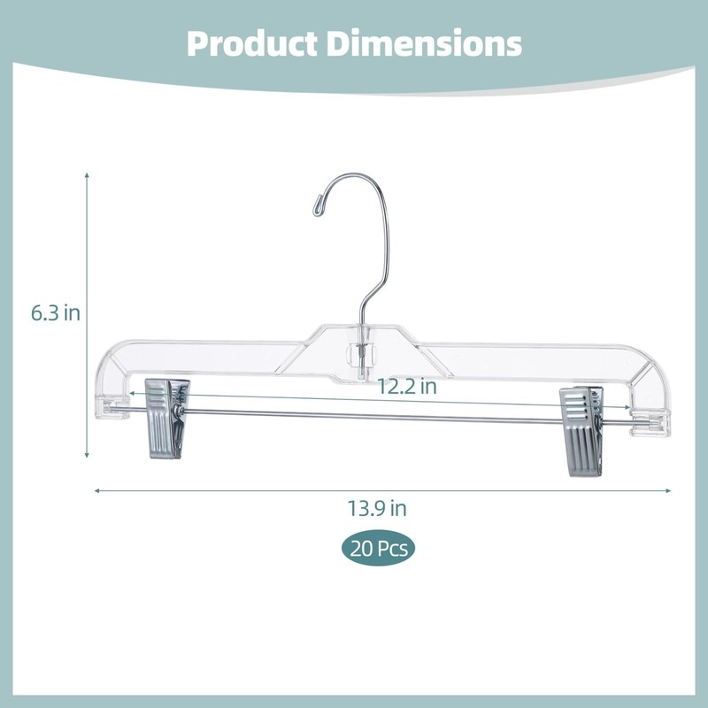 20 Pcs Clear Plastic Pant Hangers with Clips - 14"