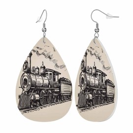 Train Earrings for Women Steam Locomotive Transport Railroad Railway Trip Vintage Sketch Teardrop Dangle Faux Leather Earrings Holiday Earrings