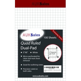 AUKSales Quad Ruled Dual Graph Pad 5 x 8 Inches -White Color 100 sheets per Perforated Pad, use in school, home and office Pack of 1