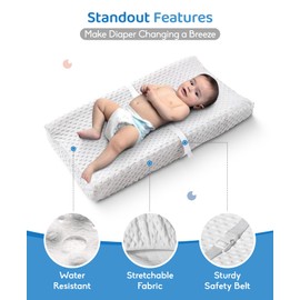 LOONAH Compact Small Changing Pad with Cover - 27" X 16" Contoured Baby Diaper Changing Pad for Combo Crib with Changing Table-Waterproof & Hypoallergenic, Safety Strap with Quick-Release Buckle-Grey