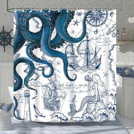 Hopomoon - Cortina de ducha de pulpo náutico azul de 72 x 72 pulgadas, impermeable y a prueba de humedad, divertida cortina de baño de estilo náutico con 12 ganchos