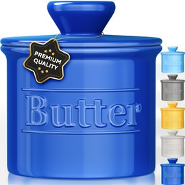 Premium Butter Crock with Lid - Original Design French Butter Dish - Beautiful Ceramic Butter Keeper for Counter with Water Line - Perfect to Keep Butter Soft and Spreadable - Dark Blue
