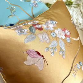 NOULULXI Satin Faux Silk Embroidery Throw Pillow Cover Silky Vintage Chinese Style Cushion Case Couch Bed Living Room Decor 18x18 Inch