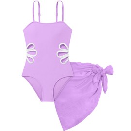 TALLWH Girl Swimsuit Bathing Suits Size 8-10 Adjustable Straps Cut Out One Piece Swimsuit with Solid Color Cover Up Skirt Girls' Swimwear