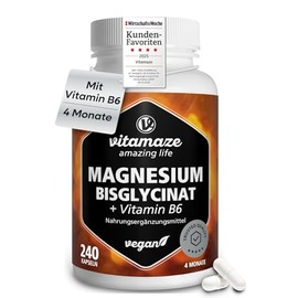 Magnesium Bisglycinate with Vitamin B6, 240 Capsules for 4 Months, 150 mg Magnesium per Capsule, Only 2 Capsules per Day, Vegan, Made in Germany