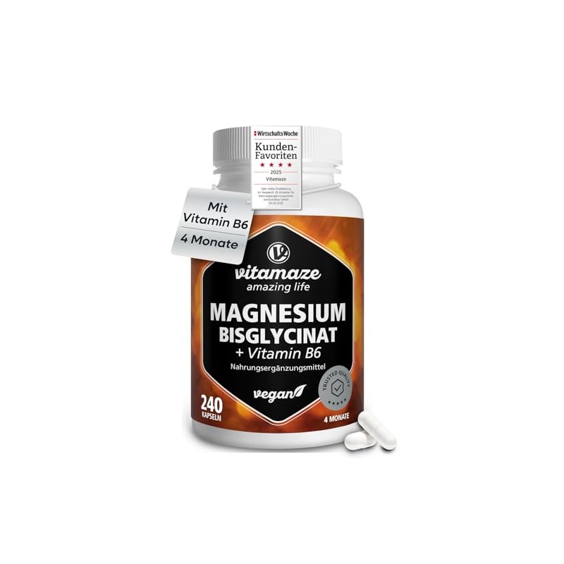Magnesium Bisglycinate with Vitamin B6, 240 Capsules for 4 Months,