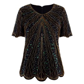 Vijiv Women's 1920s Vintage Beaded Tops Art Deco Scalloped Hem Embellished Sparkly Dressy Sequins Shirt Blouse Tunic Party Black Gold